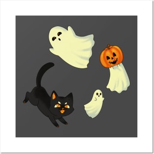 Halloween print - Black Cat chasing ghosts Posters and Art